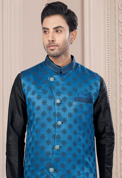 Woven Dupion Silk Kurta Set in Black and Blue