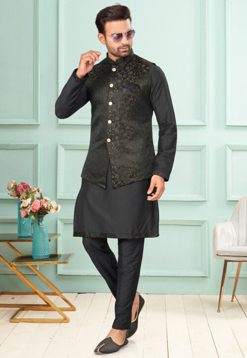 Woven Dupion Silk Kurta Set in Black