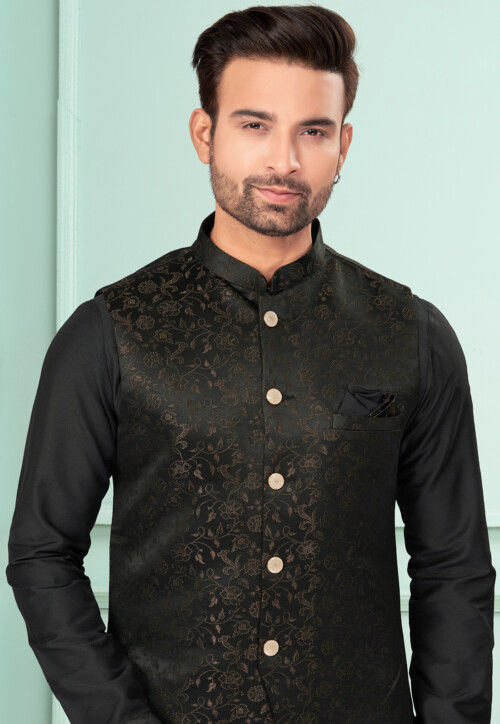 Woven Dupion Silk Kurta Set in Black