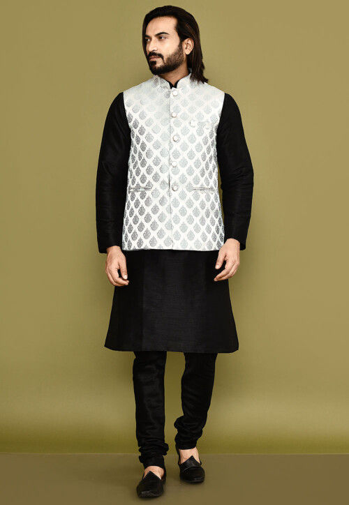 Woven Dupion Silk Kurta Set in Black and Grey