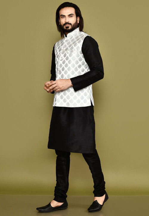 Woven Dupion Silk Kurta Set in Black and Grey