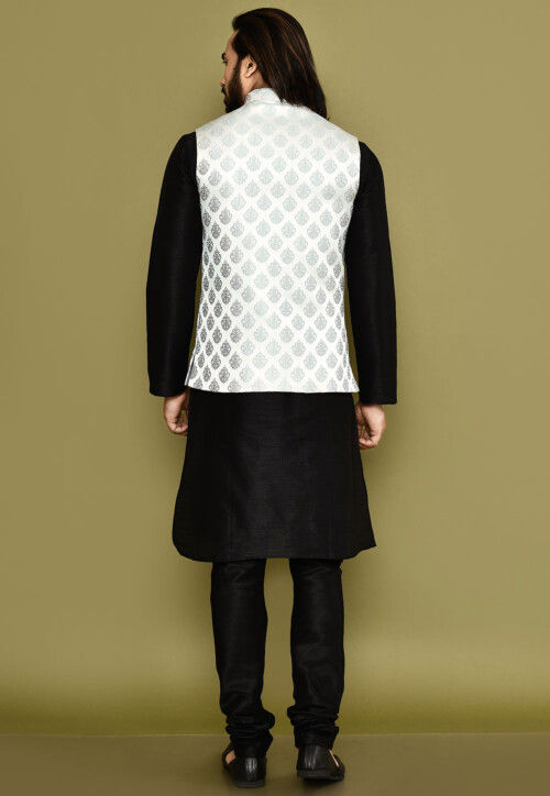 Woven Dupion Silk Kurta Set in Black and Grey