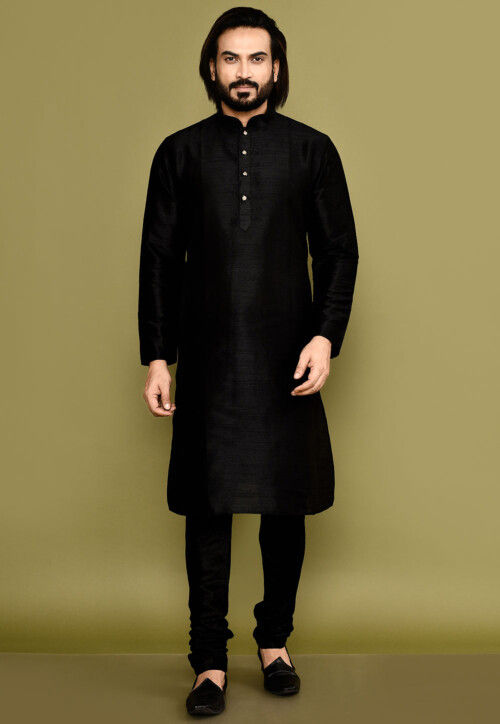 Woven Dupion Silk Kurta Set in Black and Grey