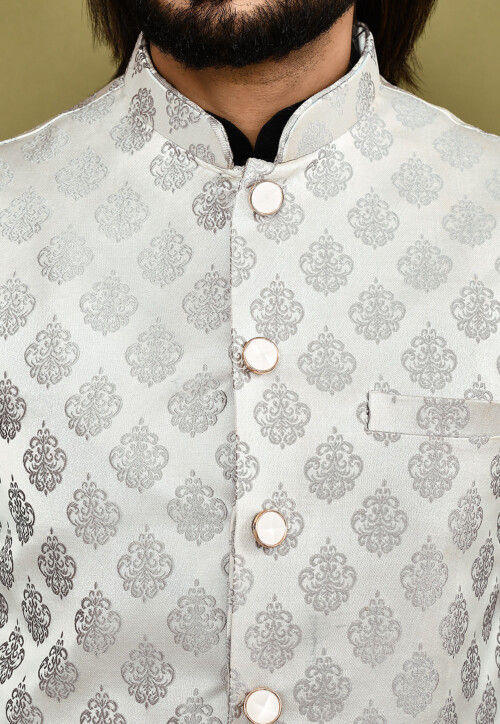 Woven Dupion Silk Kurta Set in Black and Grey