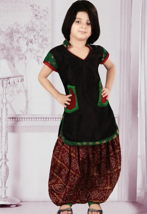 Woven Dupion Silk Punjabi Suit in Black