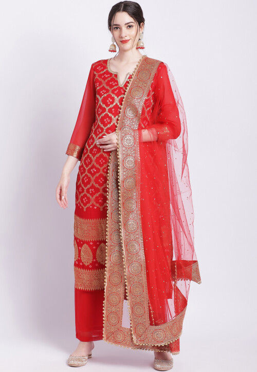 Woven Georgette Pakistani Suit in Red