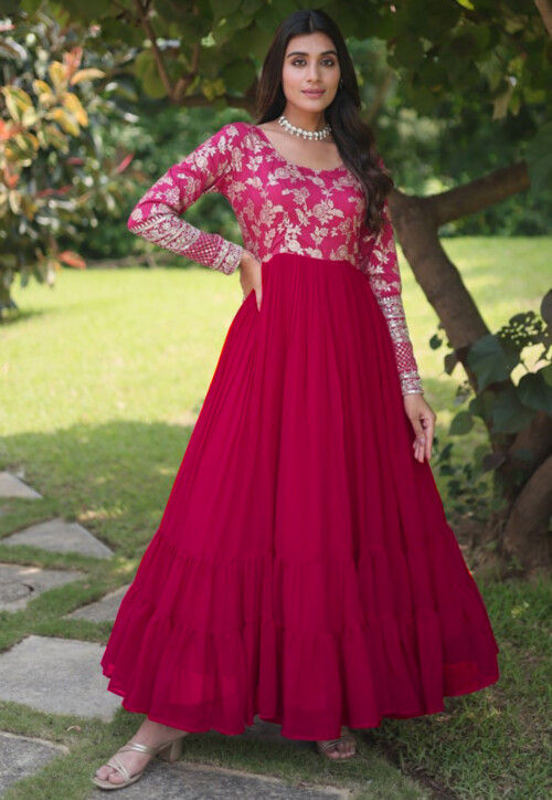 Woven Georgette and Viscose Jacquard Tiered Gown in Fuchsia : TWJ4859