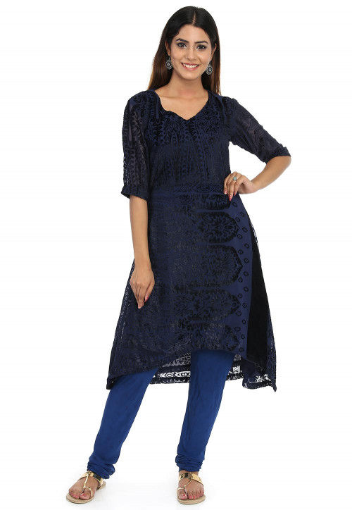 Woven Georgette Brasso Asymmetric Kurta in Navy Blue
