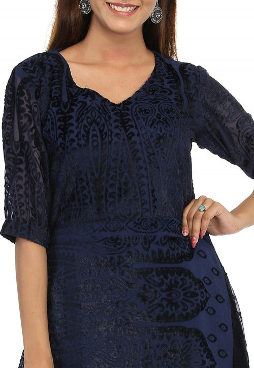 Woven Georgette Brasso Asymmetric Kurta in Navy Blue
