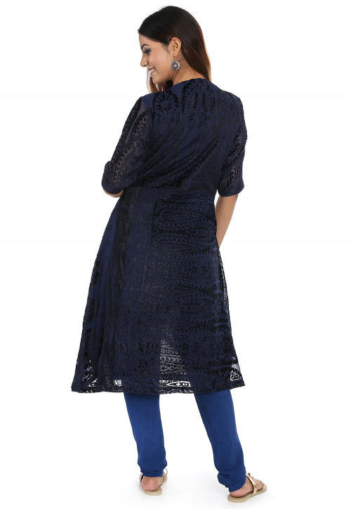 Woven Georgette Brasso Asymmetric Kurta in Navy Blue