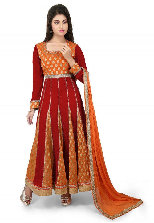 Woven Georgette Jacquard Anarkali Suit in Maroon