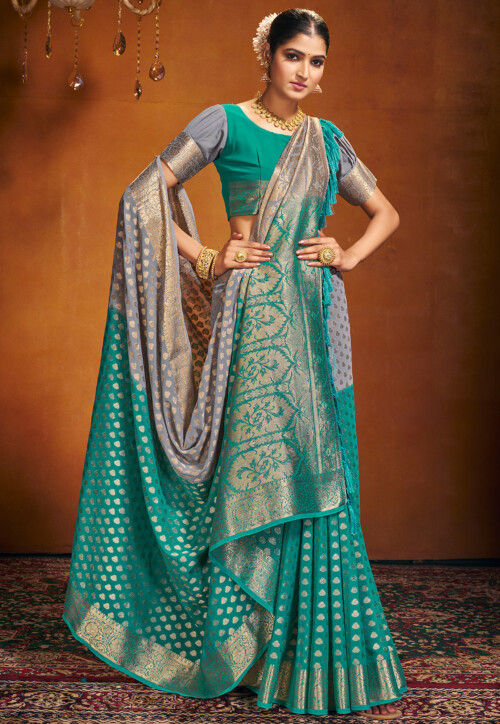 Buy Woven Georgette Saree in Grey and Turquoise Online : SPFA13349 ...