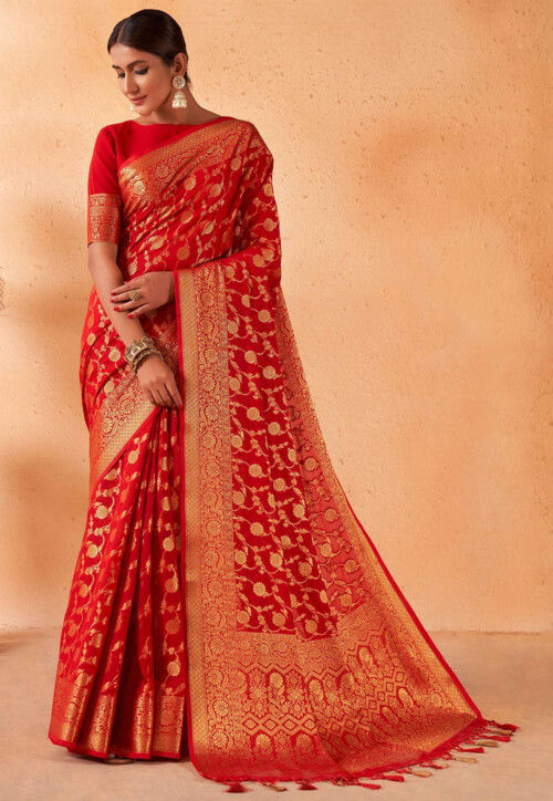 Woven Georgette Saree in Red