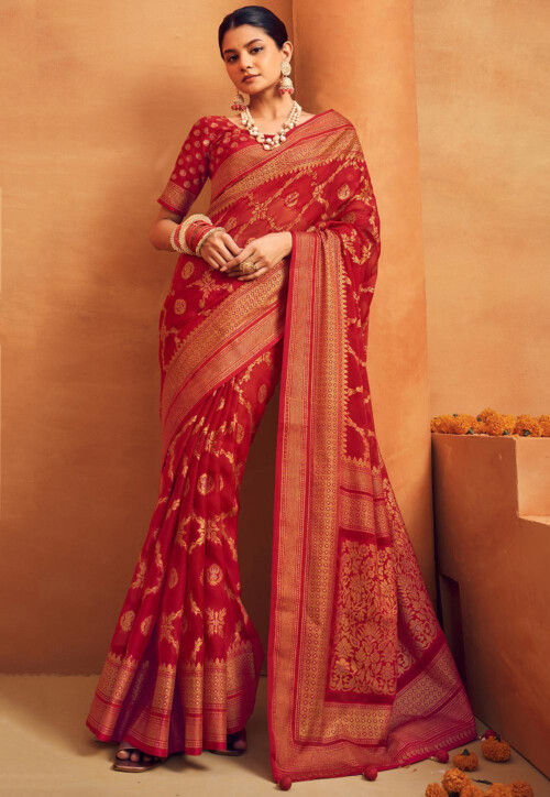Woven Georgette Saree in Red
