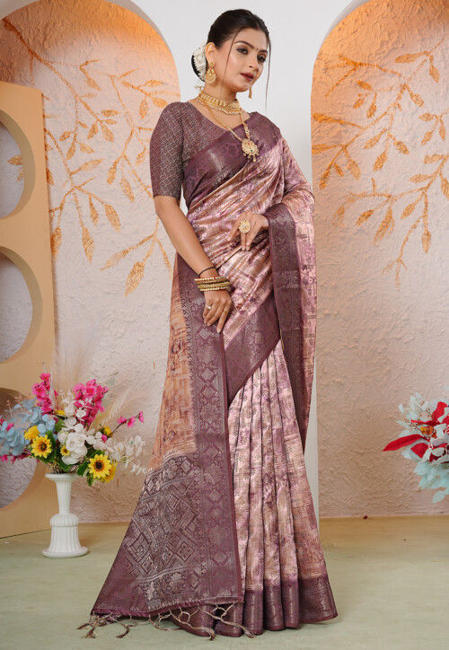 Woven Georgette Silk Saree in Peach