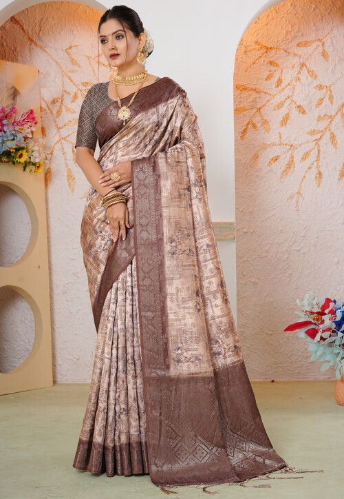 Woven Georgette Silk Saree in Peach