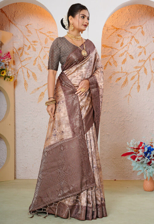 Woven Georgette Silk Saree in Peach