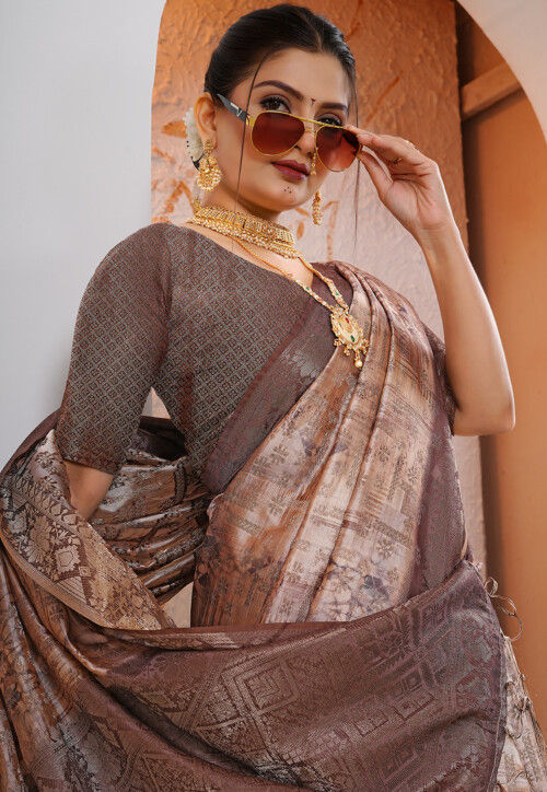 Woven Georgette Silk Saree in Peach
