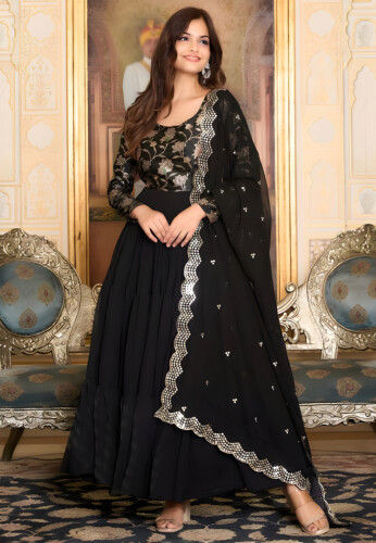 Woven Georgette Tiered Abaya Style Suit in Black