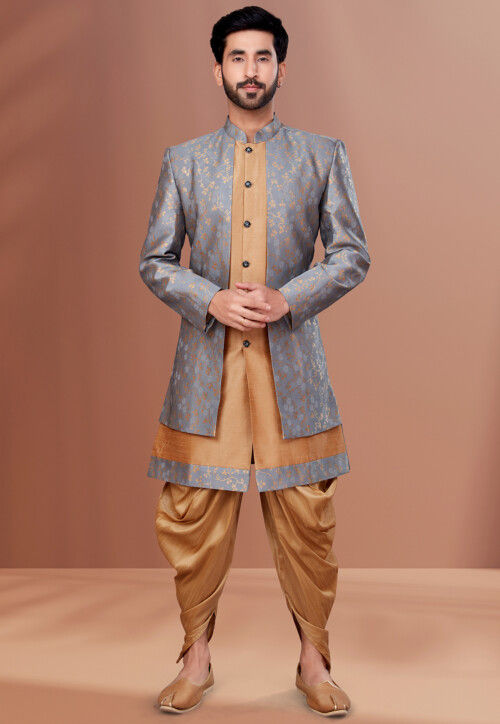 Woven Jacquard Jacket Style Dhoti Sherwani in Grey and Beige MDW463
