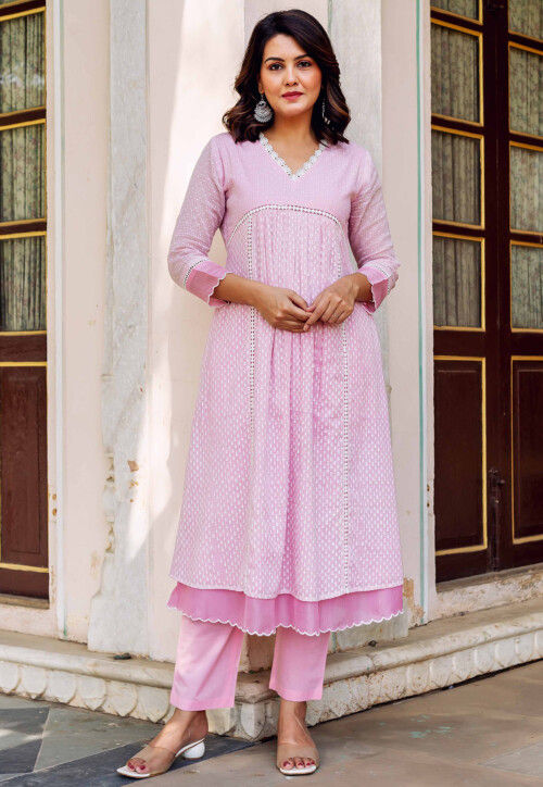 Woven Kota Doria Jacquard A Line Kurta Set in Pink