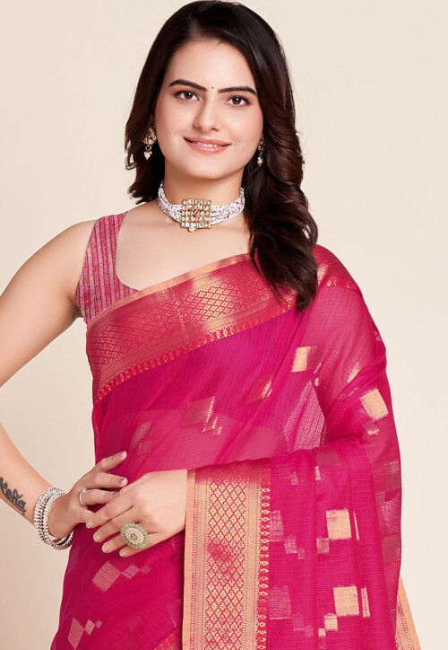 Woven Kota Doria Saree in Fuchsia