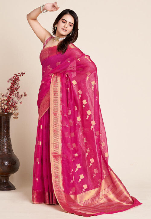 Woven Kota Doria Saree in Fuchsia