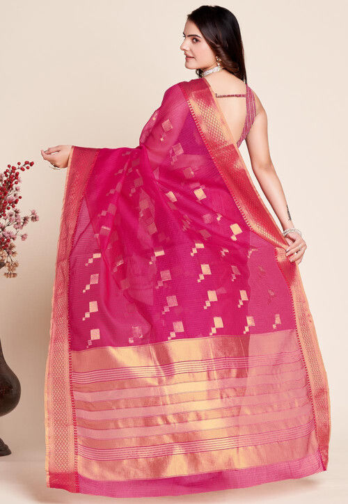 Woven Kota Doria Saree in Fuchsia