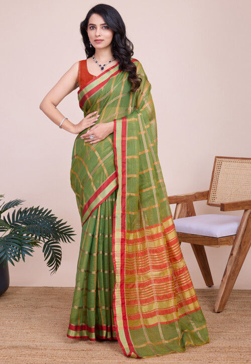 Woven Kota Doria Saree in Light Green