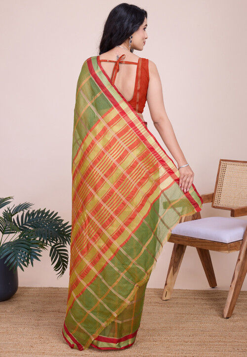 Woven Kota Doria Saree in Light Green
