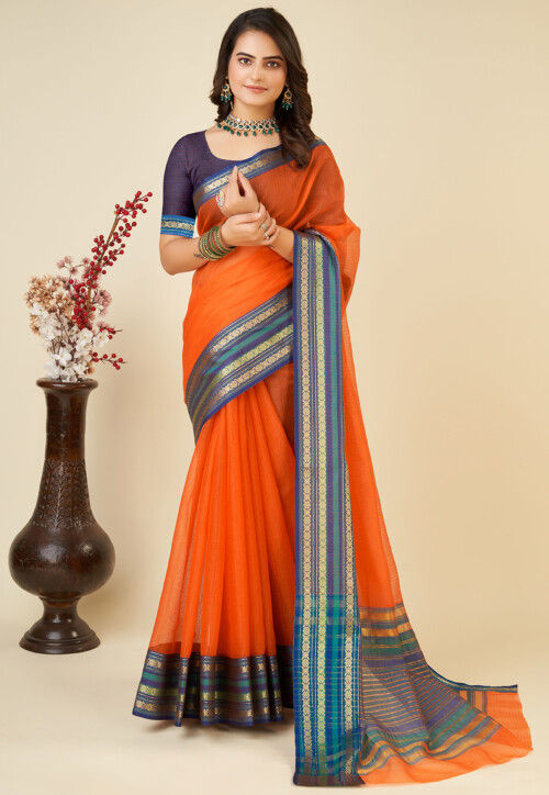 Woven Kota Doria Saree in Orange
