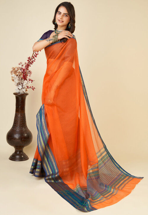 Woven Kota Doria Saree in Orange