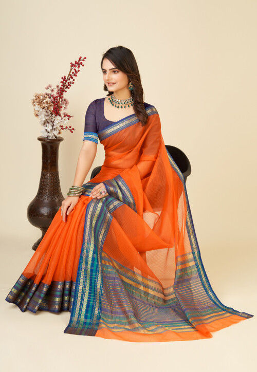 Woven Kota Doria Saree in Orange