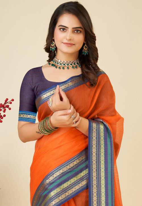 Woven Kota Doria Saree in Orange