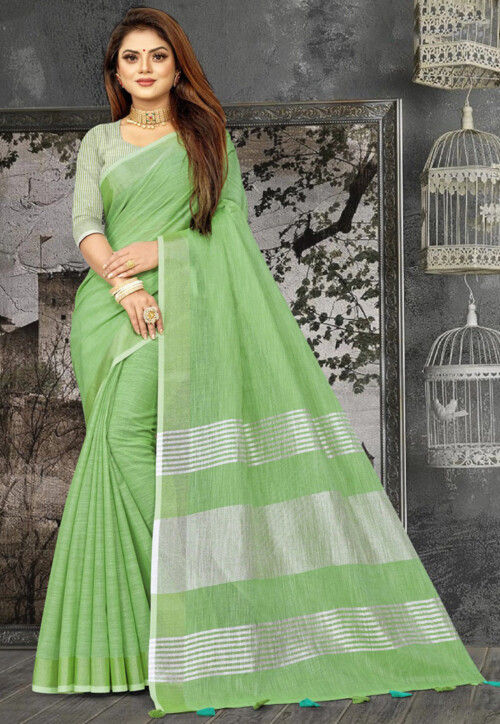 Woven Linen Cotton Saree in Green