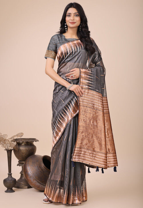 Woven Linen Cotton Saree in Grey