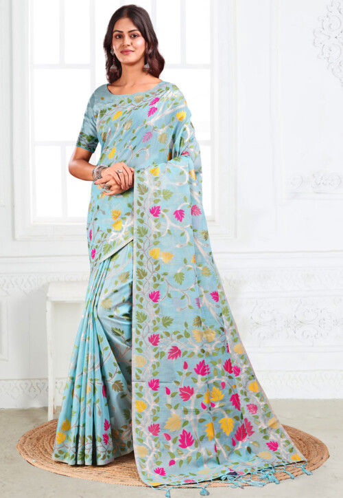Woven Linen Cotton Saree in Light Blue