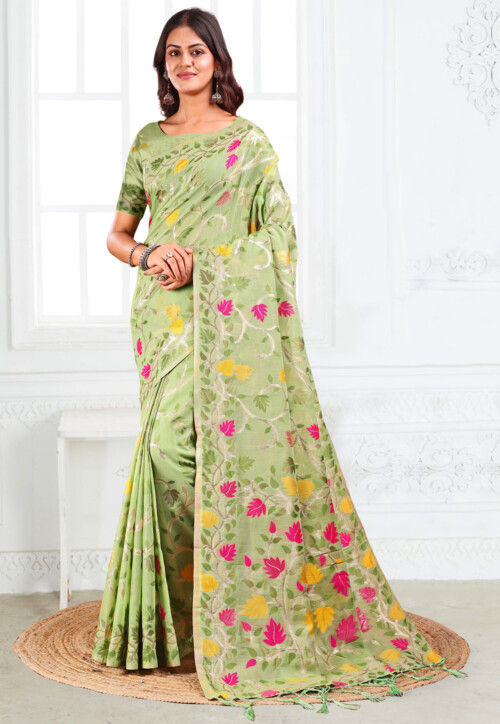 Woven Linen Cotton Saree in Light Green