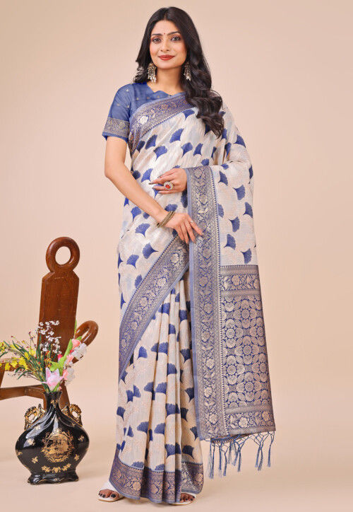 Woven Linen Cotton Saree in Off White