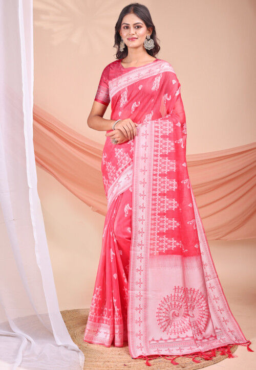 Woven Linen Cotton Saree in Pink