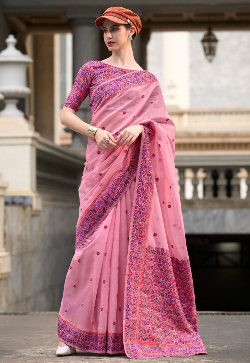 Woven Linen Cotton Saree in Pink