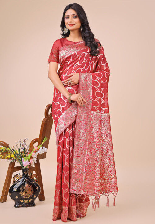 Woven Linen Cotton Saree in Red