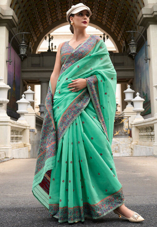 Woven Linen Cotton Saree in Sea Green