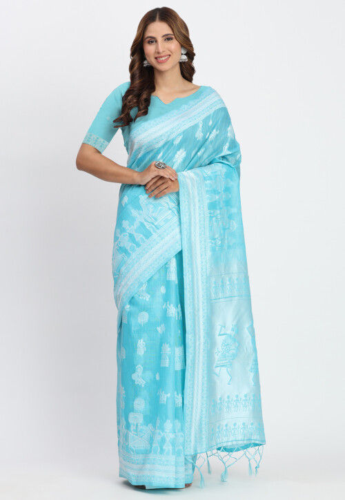 Woven Linen Cotton Saree in Sky Blue