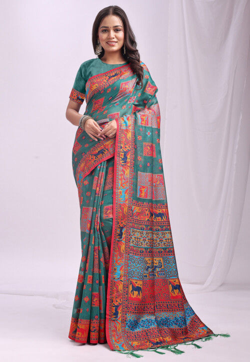 Woven Linen Cotton Saree in Teal Green