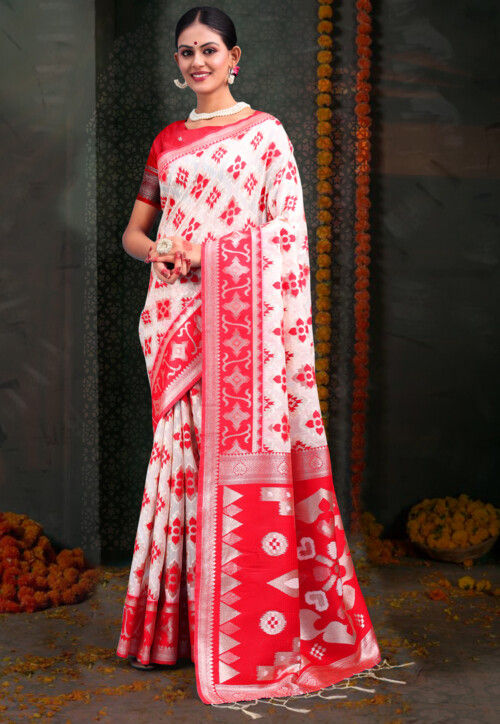 Woven Linen Cotton Saree in White