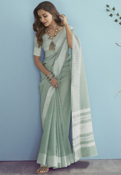 Woven Linen Saree in Dusty Green