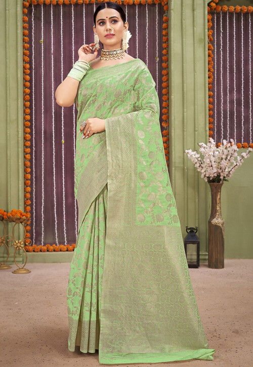 Woven Linen Saree in Green