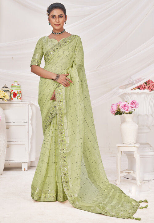Woven Linen Saree in Light Green