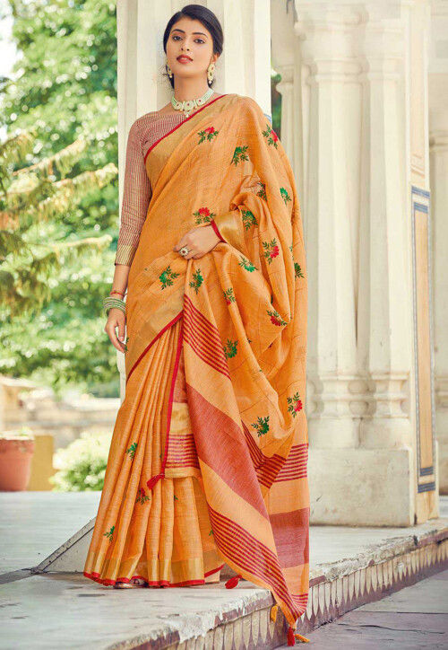 Buy Orange Linen Handloom Saree Online – Gaatakatha